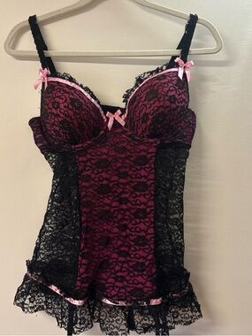 Victoria's Secret Black Lace Chemise over Fuchsia Slip with Pink Bows